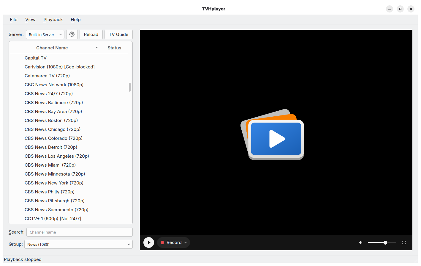 TVHplayer desktop interface with video, channel guide and playback controls